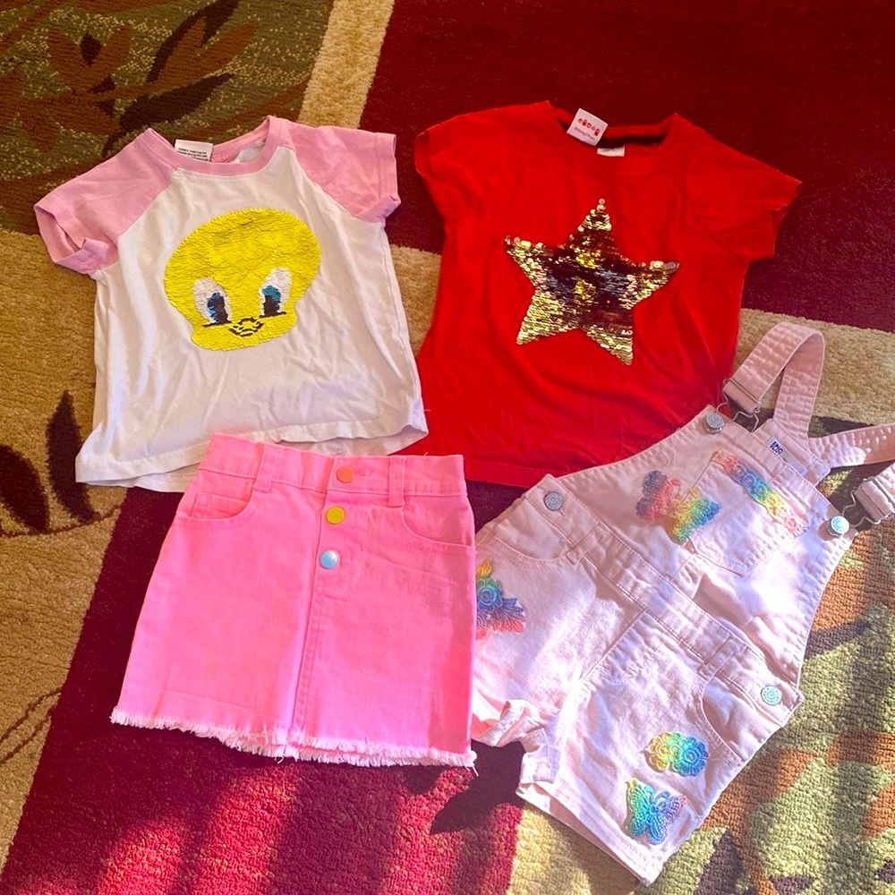 “Bundle of 4” 2 cotton t-shirt,1 Mini Skirt and 1 overall shorts